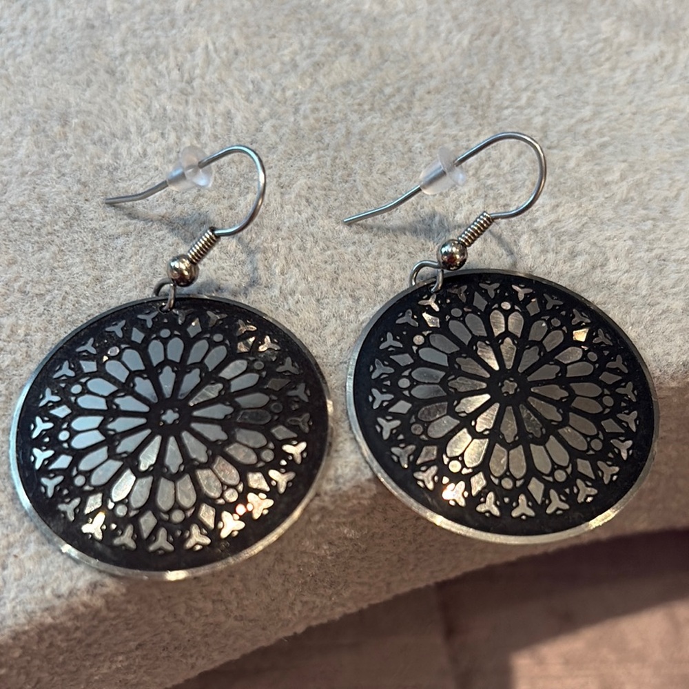 Black and Silver Mandala Earrings with Intricate Cutout Design